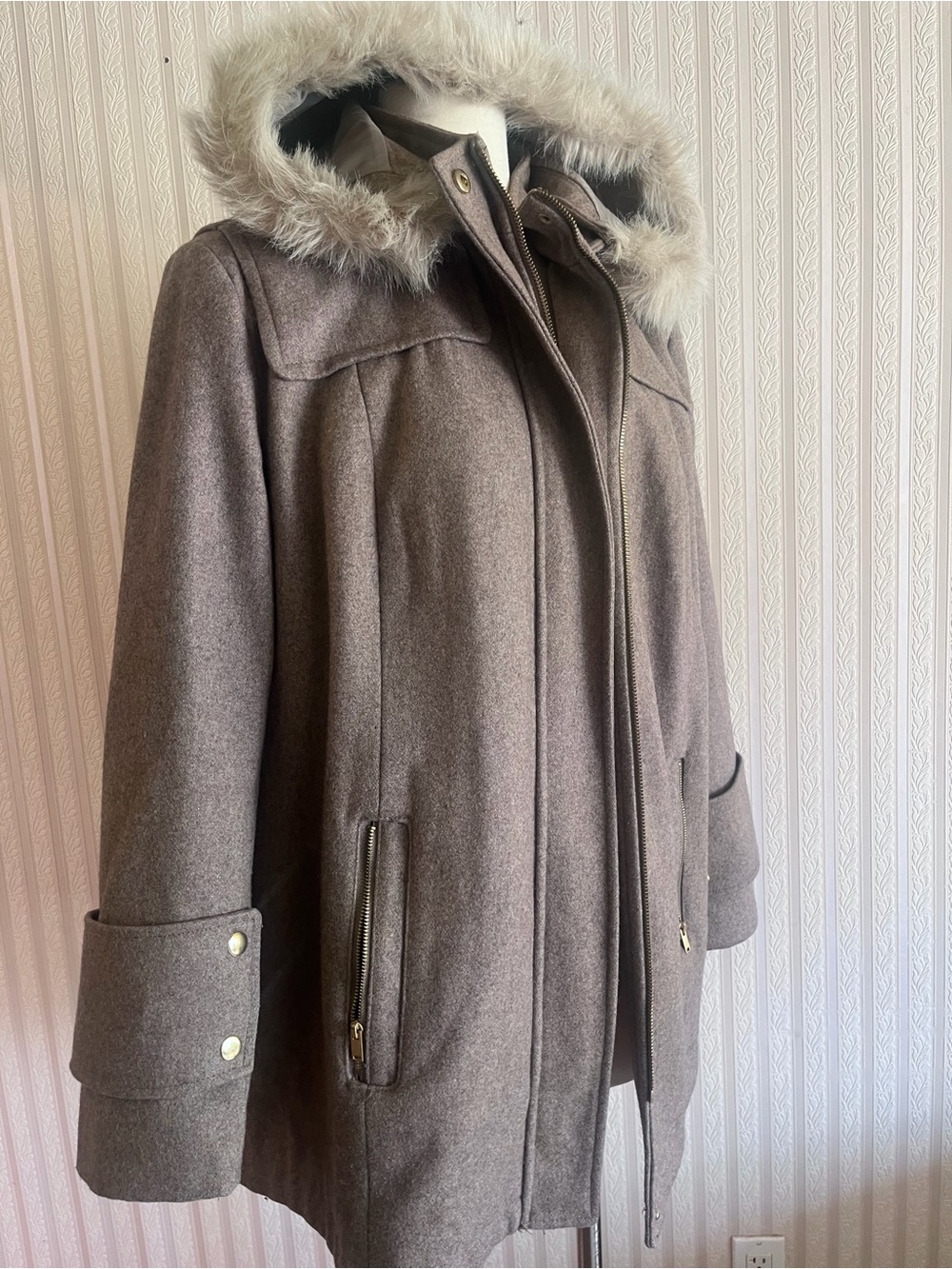 Ava & Viv Taupe Wool Blend Coat Zip Closure Faux Fur Trim Hood 1X